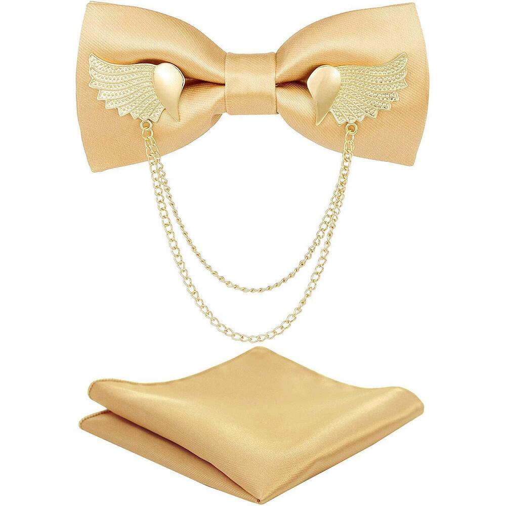 3568 Solid Bow Tie Metal Golden Wing Bowties Hanky Set Tuxedo Banquet Neck